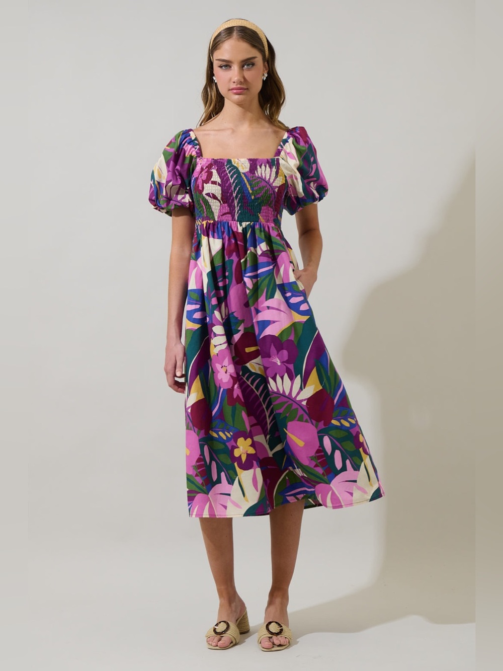 NWT Sugarlips Blain Tropics Maray Smocked Midi Dress
